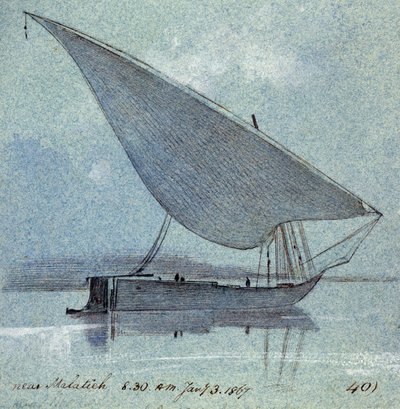 Studie egyptského člunu (gyasi) u Malatie (nebo Malatia, Egypt). Kolorovaná akvarelová kresba od Edward Lear