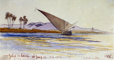 Břeh Nilu (Egypt) s palmami a gyassi obrácenými k břehu, poblíž Gebel el Silsileh. Kolorovaná akvarelová kresba od Edward Lear