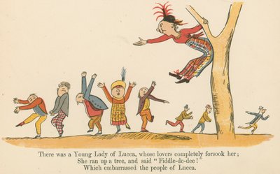 Existovala mladá dáma z Luccy, jejíž milenci ji zcela opustili, z knihy „Kniha nesmyslů“, kterou vydal Frederick Warne and Co., Londýn, kolem roku 1875 od Edward Lear