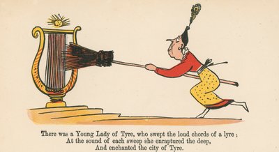 Byla jedna mladá dáma z Tyru, která vybrnkávala hlasité akordy lyry, z knihy "A Book of Nonsense", vydané nakladatelstvím Frederick Warne and Co., Londýn, asi 1875. od Edward Lear