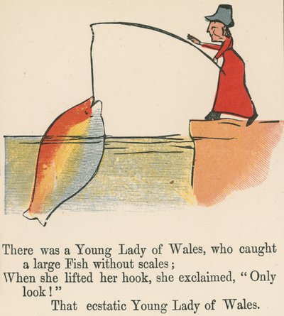Jedna mladá dáma z Walesu chytila velkou rybu bez šupin z knihy „A Book of Nonsense“, kterou vydal Frederick Warne and Co., Londýn, kolem roku 1875 od Edward Lear
