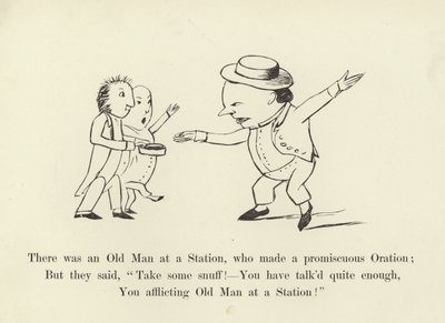 Na stanici byl starý muž, který pronášel promiskuitní řeč od Edward Lear