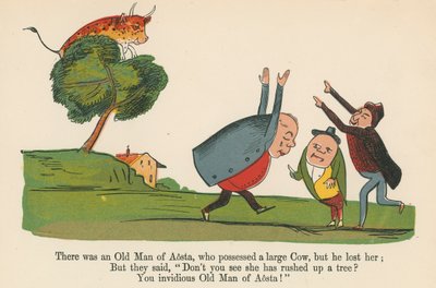 Byl jeden starý muž z Aosty, který vlastnil velkou krávu, ale ztratil ji, z knihy „Kniha nesmyslů“, kterou vydal Frederick Warne and Co., Londýn, kolem roku 1875 od Edward Lear
