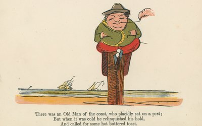 Byl tam starý muž z pobřeží, který klidně seděl na sloupu, z knihy „Kniha nesmyslů“, kterou vydal Frederick Warne and Co., Londýn, kolem roku 1875 od Edward Lear