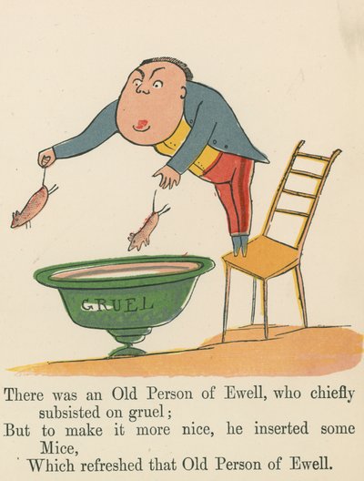 Existoval starý Ewellův starý člověk, který se živil hlavně kaší, z knihy „Kniha nesmyslů“, kterou vydal Frederick Warne and Co., Londýn, kolem roku 1875 od Edward Lear
