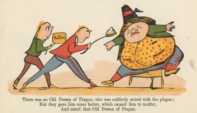Byl tam starý Pražák, kterého náhle zachvátil mor, z knihy „Kniha nesmyslů“, kterou vydal Frederick Warne and Co., Londýn, kolem roku 1875 od Edward Lear