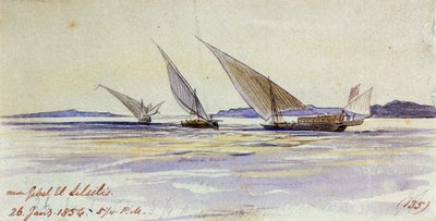 Tři tradiční egyptské dopravní lodě plující po Nilu poblíž Gebel el-Silsila nebo Gebel Silsileh (Egypt) od Edward Lear