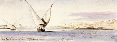 Pohled na Nil u Golosony (Egypt) s tradiční egyptskou lodí. Kolorovaná akvarelová kresba od Edward Lear