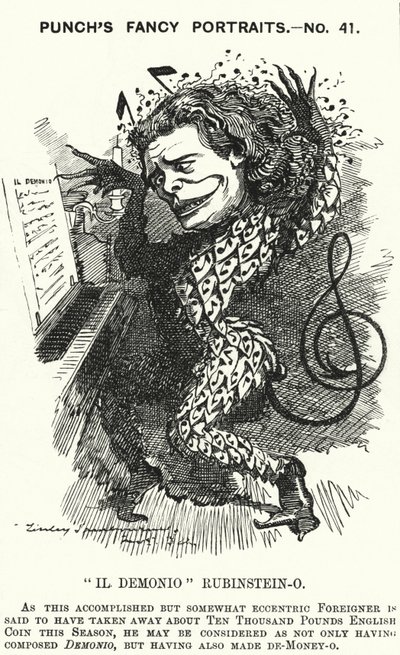 Punch cartoon: Anton Rubinstein, ruský pianista, skladatel a dirigent (rytina) od Edward Linley (after) Sambourne