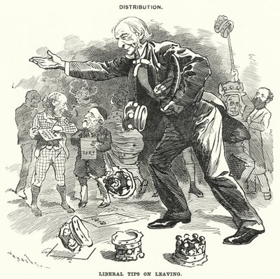 Punch cartoon: Distribuce. Liberální tipy na odchod (rytina) od Edward Linley (after) Sambourne