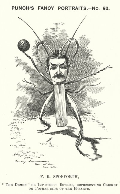 Punch cartoon: Fred Spofforth, australský hráč kriketu (rytina) od Edward Linley (after) Sambourne