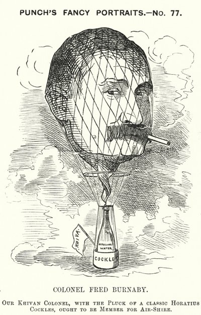 Punch cartoon: Frederick Burnaby, britský armádní zpravodajský důstojník a balonista (rytina) od Edward Linley (after) Sambourne