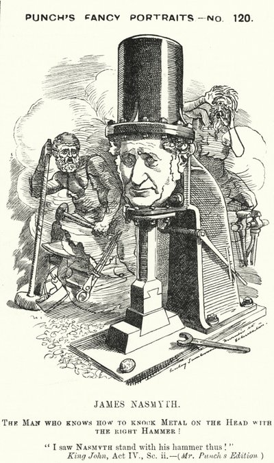 Punch cartoon: James Nasmyth, skotský inženýr a vynálezce parního kladiva (rytina) od Edward Linley (after) Sambourne