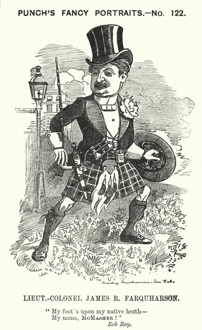 Punch cartoon: James Ross Farquharson, skotský voják (rytina) od Edward Linley (after) Sambourne
