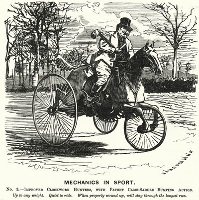 Punch cartoon: Mechanici ve sportu. Č. 3. - Vylepšené strojek Clockwork Hunters, s patentovaným camb-Saddle Bumping Action (gravírování) od Edward Linley (after) Sambourne