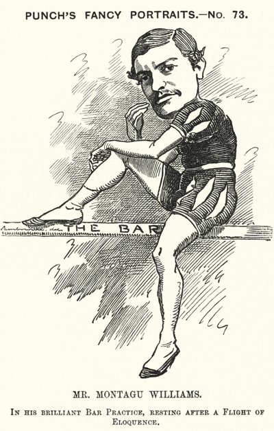 Punch cartoon: Montagu Williams, učitel angličtiny, voják, herec, dramatik, advokát a soudce (rytina) od Edward Linley (after) Sambourne