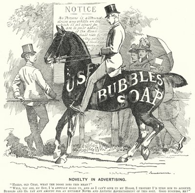 Punch cartoon: Novinka v reklamě (rytina) od Edward Linley (after) Sambourne