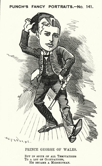 Punch cartoon: Prince George of Wales, budoucí král George V, jako praporčík v Royal Navy (rytina) od Edward Linley (after) Sambourne