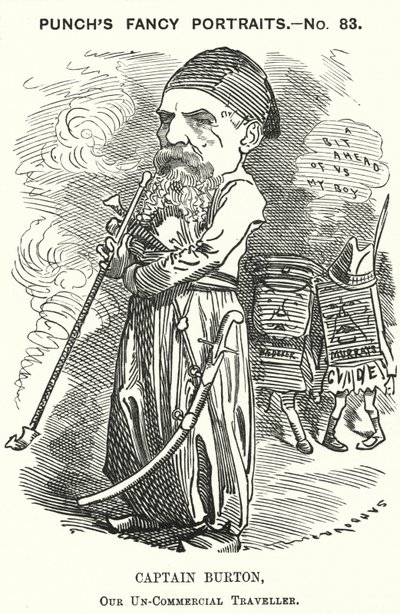 Punch cartoon: Richard Burton, anglický průzkumník, geograf a diplomat (rytina) od Edward Linley (after) Sambourne