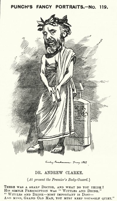 Punch cartoon: Sir Andrew Clarke, britský lékař, lékař Williama Ewarta Gladstonea (rytina) od Edward Linley (after) Sambourne