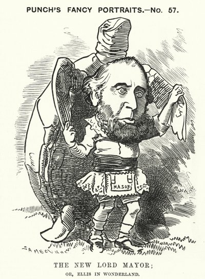 Punch cartoon: Sir John Ellis, primátor Londýna v roce 1881 (rytina) od Edward Linley (after) Sambourne