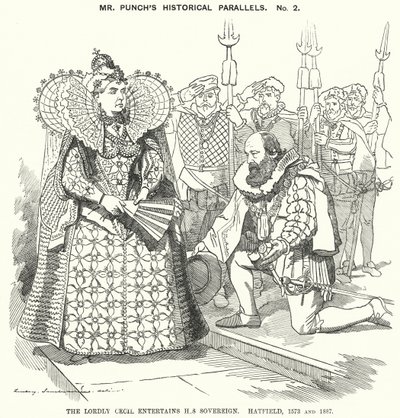 Punch cartoon: The Lordly Cecil Entertains his Sovereign, Hatfield od Edward Linley (after) Sambourne