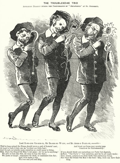 Punch cartoon: The Troublesome Trio: Lord Randolph Churchill, Henry Drummond Wolff a Ellis Ashmead-Bartlett, britští konzervativní politici (rytina) od Edward Linley (after) Sambourne
