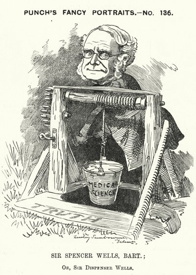 Punch cartoon: Thomas Spencer Wells, anglický lékař, chirurg královny Viktorie (rytina) od Edward Linley (after) Sambourne