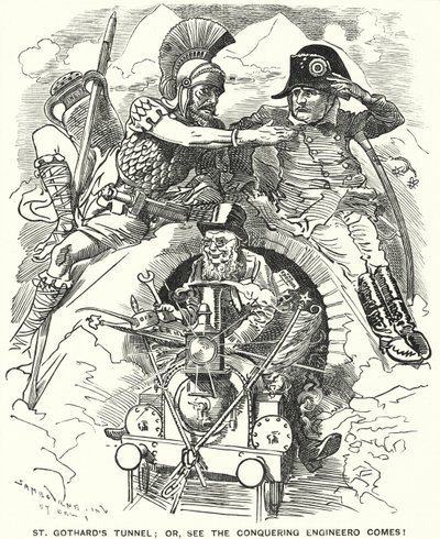 Punch cartoon: dokončení železničního tunelu St Gotthard pod Alpami (rytina) od Edward Linley (after) Sambourne