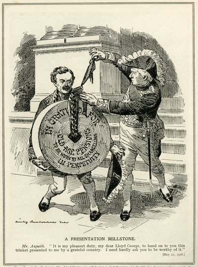 „Presentation Millstone“, premiér Asquith předává kancléři státní pokladny Lloydu Georgeovi systém starobních penzí, 1908 od Edward Linley Sambourne