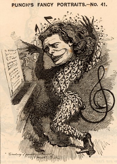 ""Anton Rubinstein (1829-1894) ruský pianista, skladatel a dirigent, zakladatel petrohradské konzervatoře. V londýnské koncertní sezóně 1881 vydělal v regionu 10 000 liber. Jednou z jeho skladeb byla opera „Démon“ (1875). Karikatura od Edwy od Edward Linley Sambourne
