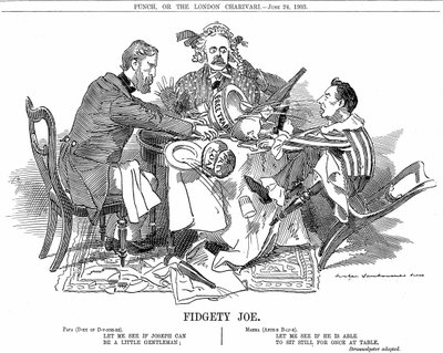 Koaliční vláda. Vévoda z Devonshire a Arthur Balfour (uprostřed) se snaží ovládnout Josepha Chamberlaina, vůdce juniorské strany v koalici. V září 1903 rezignoval, aby mohl svobodně prosazovat své celní reformy. Karikatura od Edwarda Linleyho Sambourna sem od Edward Linley Sambourne