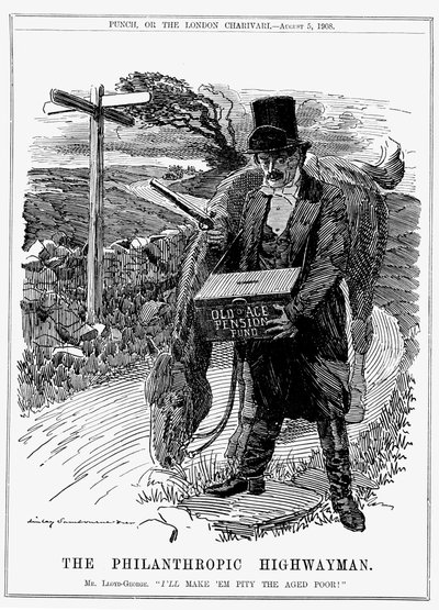 David Lloyd George (1863-1945) Britský liberální státník narozený ve Walesu. V roce 1908 představil Lloyd George jako ministr financí svůj zákon o starobních důchodech. Cartoon Edward Linley Sambourne z Punch, Londýn, srpen 1908. od Edward Linley Sambourne
