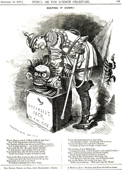 Udržet to dolů. Otto von Bismarck (1815-1898) německý kancléř, snažící se přinutit Jacka socialismu zpět do své lóže. Titulky mu říkají, že každý akt represe působí jako elixír lidské touhy po větší svobodě. Karikatura od Edwarda Linley Sambou od Edward Linley Sambourne