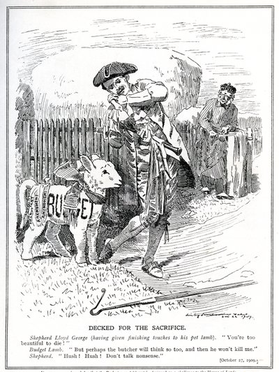 Lloyd George se chystá poslat svého "beránka", "lidový rozpočet", aby byl obětován a zabit ve Sněmovně lordů, 1909. od Edward Linley Sambourne