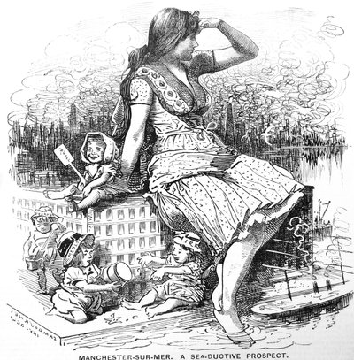 Vyhlídka na Manchester po schválení plánů Edwarda Leadera Williama na Manchester Ship Canal. Karikatura od Edwarda Linleyho Sambourna z 