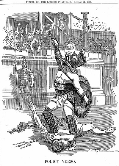 S návratem liberální vlády v Británii v prosinci 1905 byl volný obchod politikou spíše než konzervativní politikou ochrany tarifem. Kreslený Edward Linley Sambourne z Punch London 24. ledna 1906 od Edward Linley Sambourne