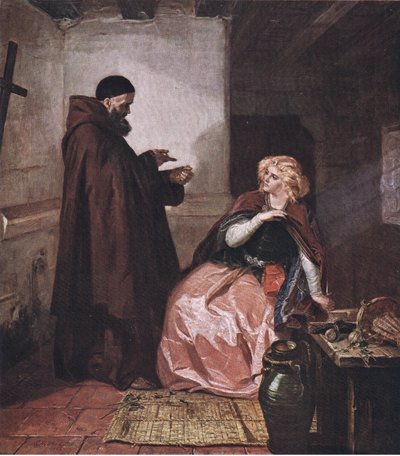 Julie a mnich Laurence (Romeo a Julie) Vezmi si lahvičku, když budeš v posteli, a vypij si tento destilovaný likér, z The Complete Works of William Shakespeare pub. by J Coker & Co Ltd (c od Edward Matthew Ward