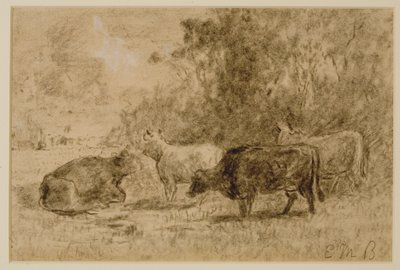 Krajina se čtyřmi krávami, c. 80. léta 19. století (uhlí na papíře) od Edward Mitchell Bannister