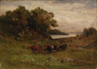 Bez názvu (pět pasoucích se krav se stromy a řekou v pozadí) od Edward Mitchell Bannister