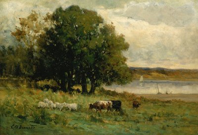 Dobytek bez názvu poblíž řeky s plachetnicí v dálce, n. d. od Edward Mitchell Bannister