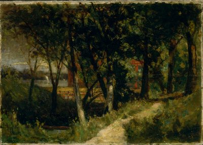 Krajina bez názvu, lesní scéna s červeným plotem a budovou, 1893. od Edward Mitchell Bannister