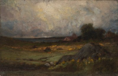 Krajina bez názvu se skálou v popředí a střechou s věží, jezero v pozadí, n. d. od Edward Mitchell Bannister