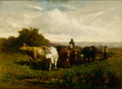 Muž bez názvu na koni, žena pěšky pohánějící dobytek, 1880. od Edward Mitchell Bannister
