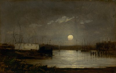 Měsíc nad přístavem bez názvu, scéna přístaviště s úplňkem a stěžněmi lodí, ca. 1868. od Edward Mitchell Bannister