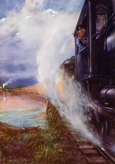 Vlak projíždějící podél řeky Skeena na Grand Trunk Pacific Railway, Kanada (barva litho) od Edward Parick Kinsella