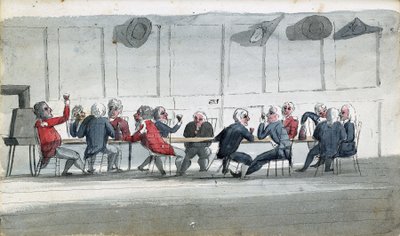 Důstojnická jídelna, karikatura zobrazující důstojníky námořnictva shromážděné u vína. Kresba Edwarda Pelhama Brentona (1774-1839), kolorovaná akvarelem. od Edward Pelham Brenton