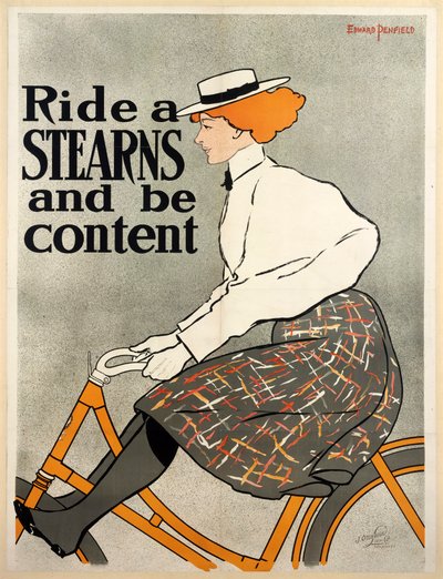 Ride a Stearns and be Content, c1896 color litho. od Edward Penfield