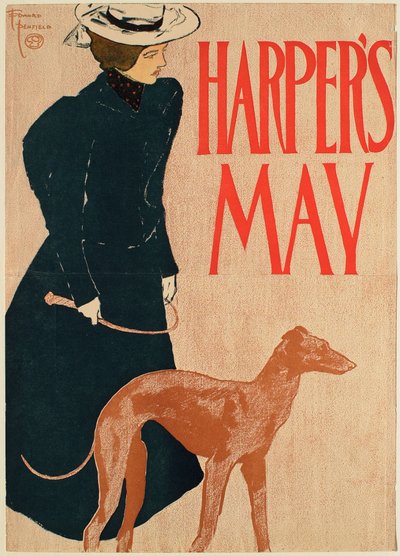 Žena v tmavomodrém kostýmu venčící psa, May Harper