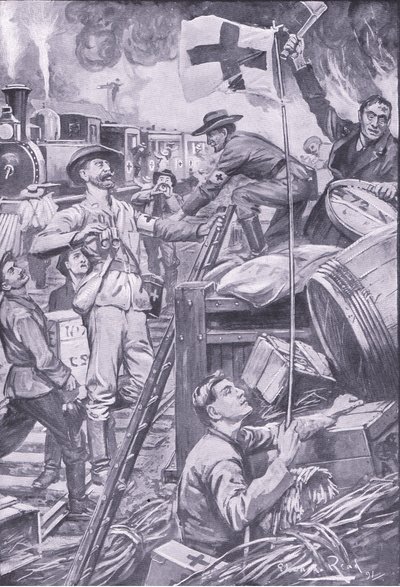 Falešný muž ze sanitky ničící obchody v Komati Foort pod vlajkou Červeného kříže, ilustrace z After Pretoria: The Guerilla War, 1902 od Edward Read